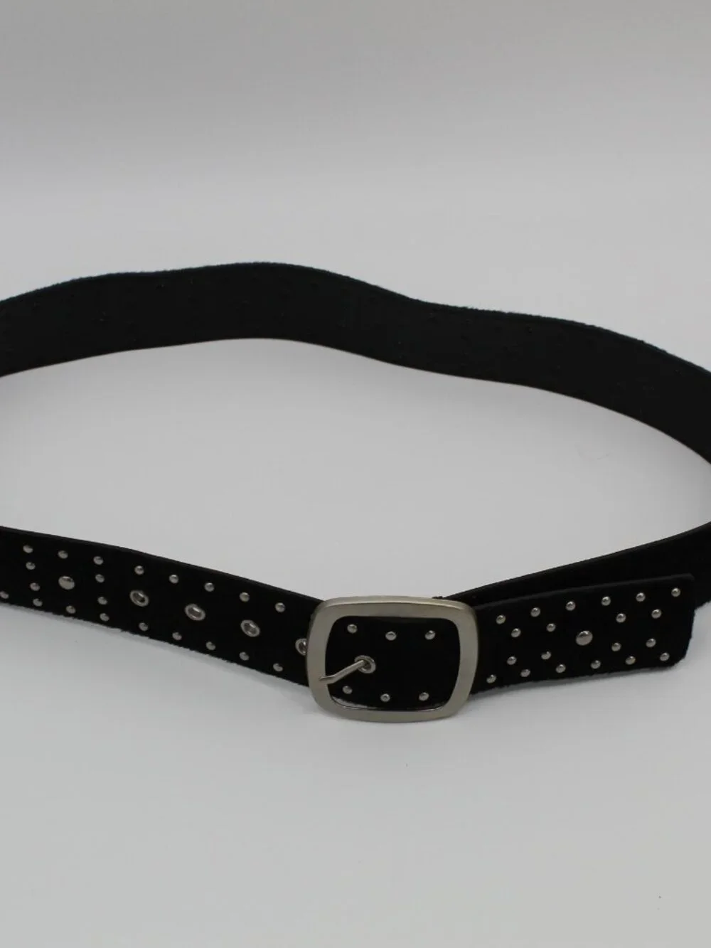 Black Faux Leather Studded Belt With Silver Buckle Suede Sz 16W Biker Goth Punk